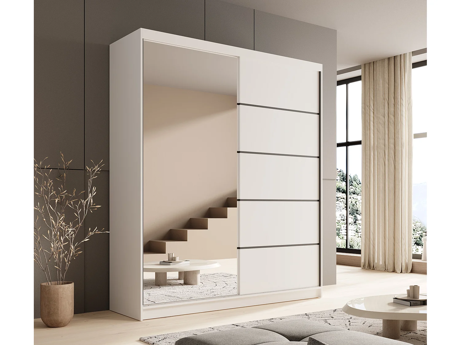 Armoire coulissante 2 portes KAROW 180 avec miroir – Meuble de rangement moderne-Blanc