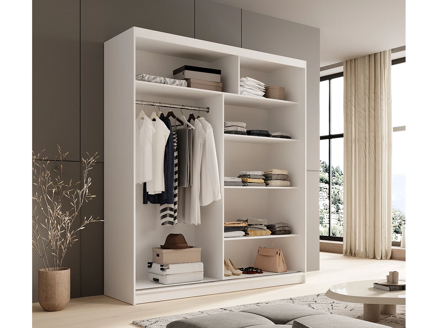 Armoire coulissante 2 portes KAROW 180 avec miroir – Meuble de rangement moderne-Blanc