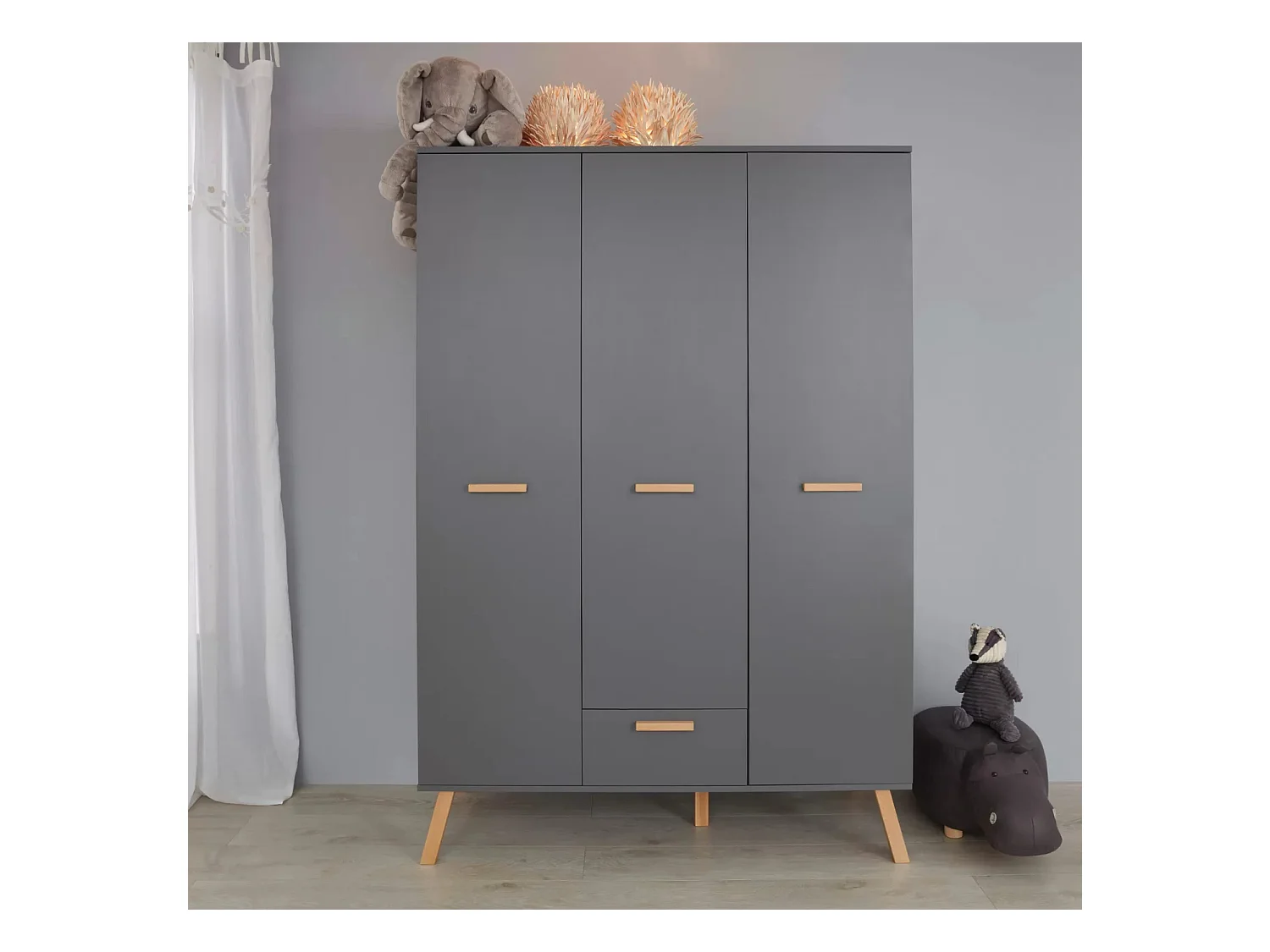 Armoire de rangement 3 portes 1 tiroir mélaminé gris mat Mathys