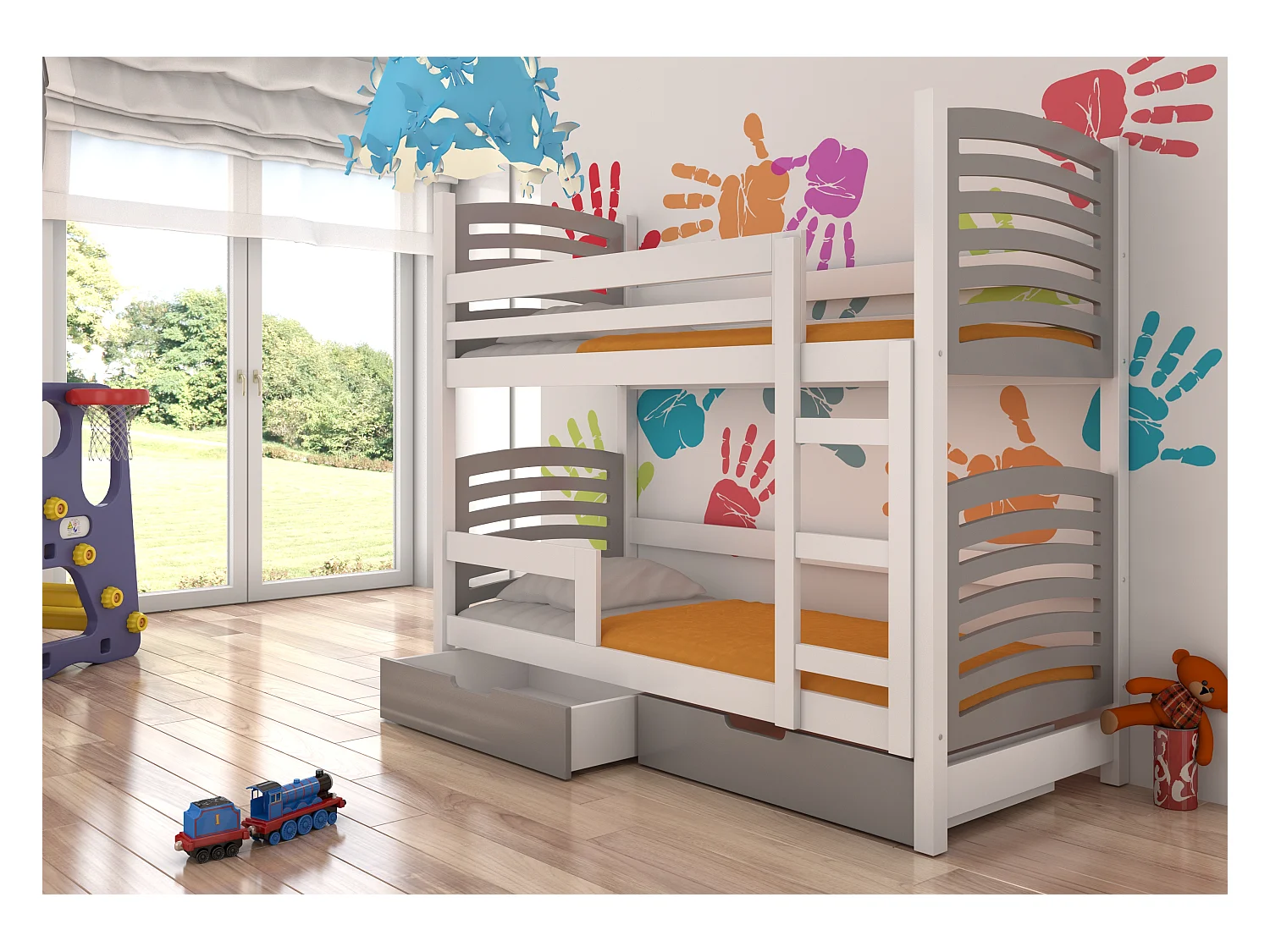 Lit superposé 2 places 80x190 OZURA – Avec matelas et tiroirs de rangement-Gris clair