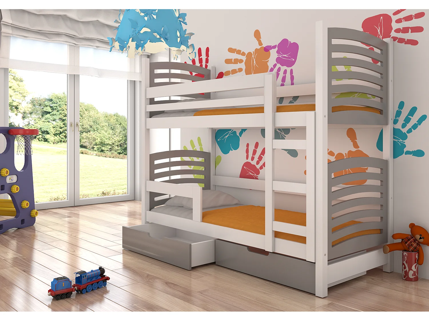 Lit superposé 2 places 80x190 OZURA – Avec matelas et tiroirs de rangement-Gris clair