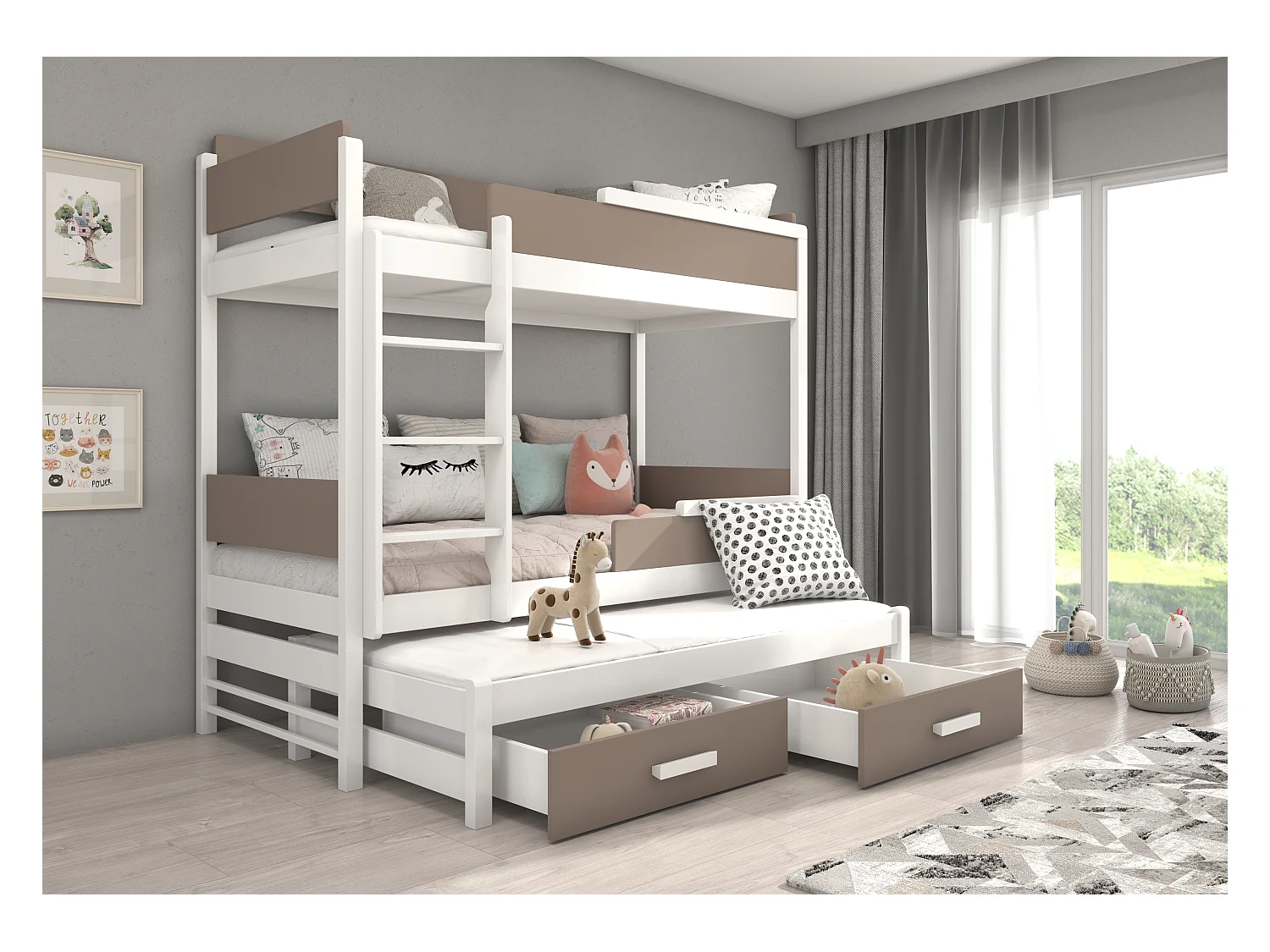 Lit superposé 3 places 90x200 KINZEY - 2 tiroirs de rangement et 3 sommiers-Gris