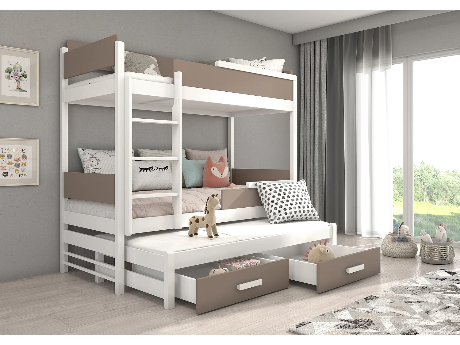 Lit superposé 3 places 90x200 KINZEY - 2 tiroirs de rangement et 3 sommiers-Gris