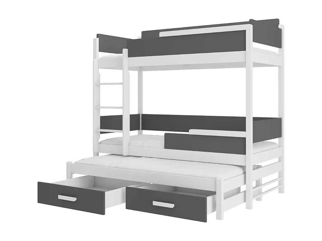 Lit superposé 3 places 90x200 KINZEY - 2 tiroirs de rangement et 3 sommiers-Gris