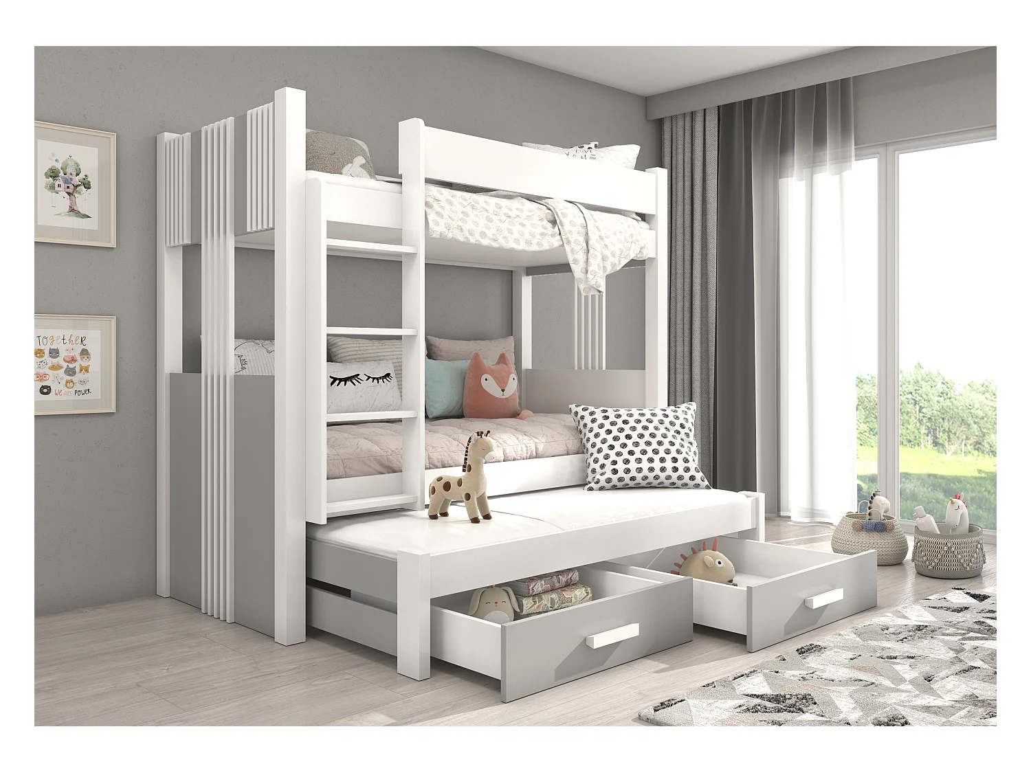 Lit superposé 3 places 90x200 ARKO - 2 tiroirs de rangement et 3 sommiers-Gris