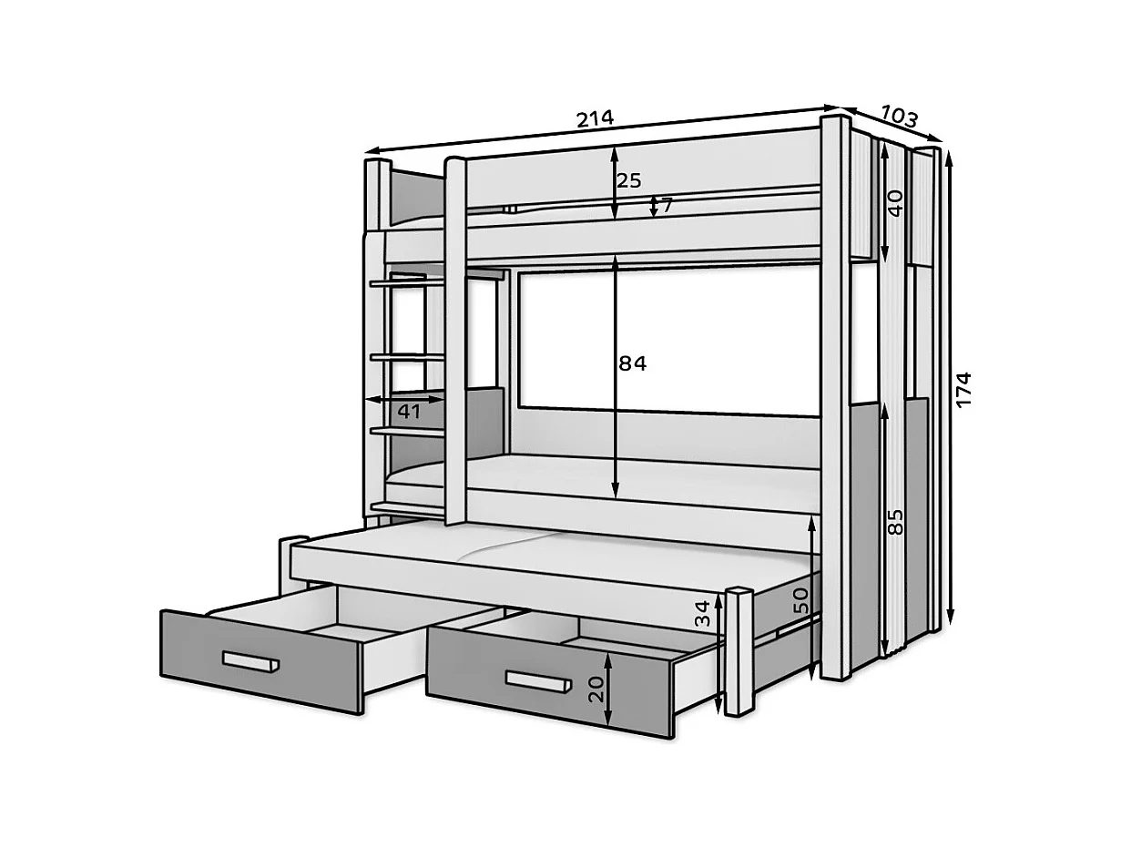 Lit superposé 3 places 90x200 ARKO - 2 tiroirs de rangement et 3 sommiers-Gris