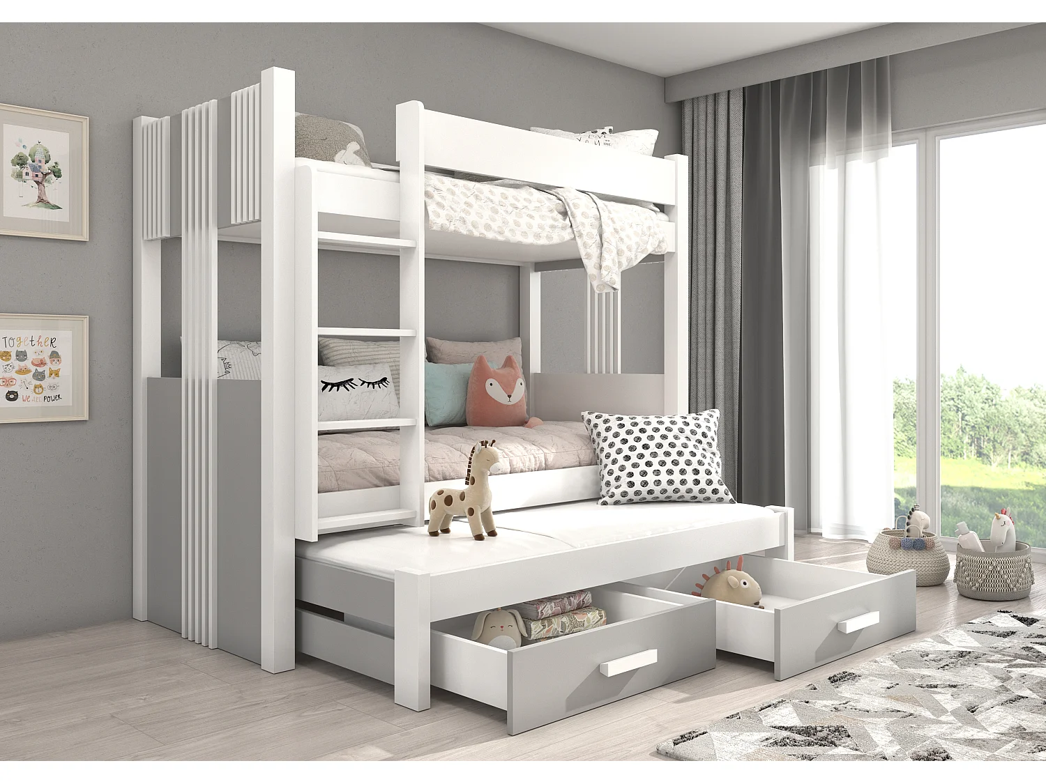 Lit superposé 3 places 90x200 ARKO - 2 tiroirs de rangement et 3 sommiers-Gris