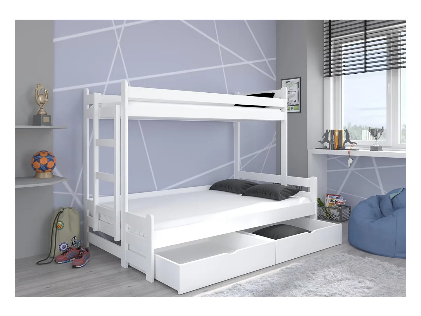 Lit superposé 2 couchages ADOVA 80-90x200 et 120x200 - Avec 2 tiroirs et 2 sommiers-Blanc-90x200 et 120x200