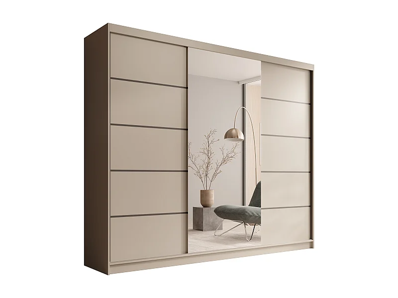 Armoire coulissante 3 portes TENA 250 avec miroir– Design moderne et grande capacité de rangement-Beige