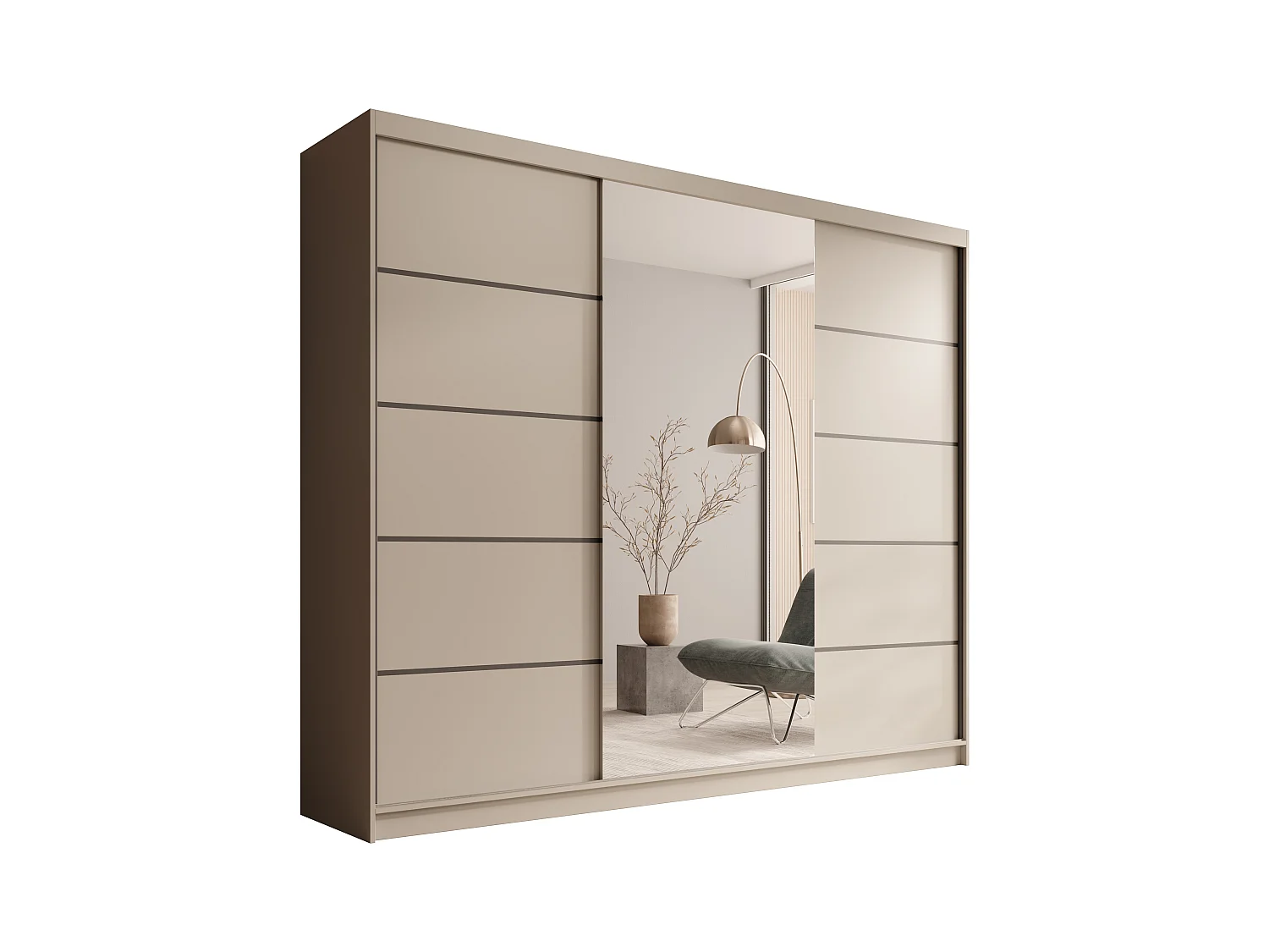 Armoire coulissante 3 portes TENA 250 avec miroir– Design moderne et grande capacité de rangement-Beige