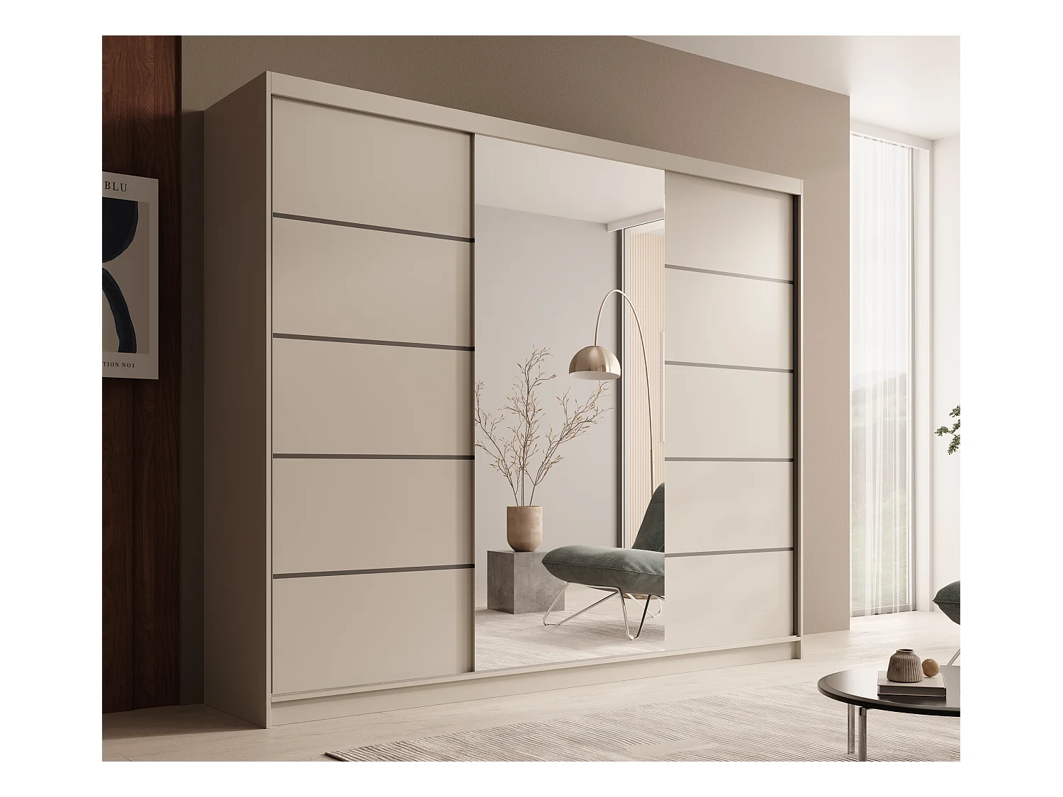 Armoire coulissante 3 portes TENA 250 avec miroir– Design moderne et grande capacité de rangement-Beige