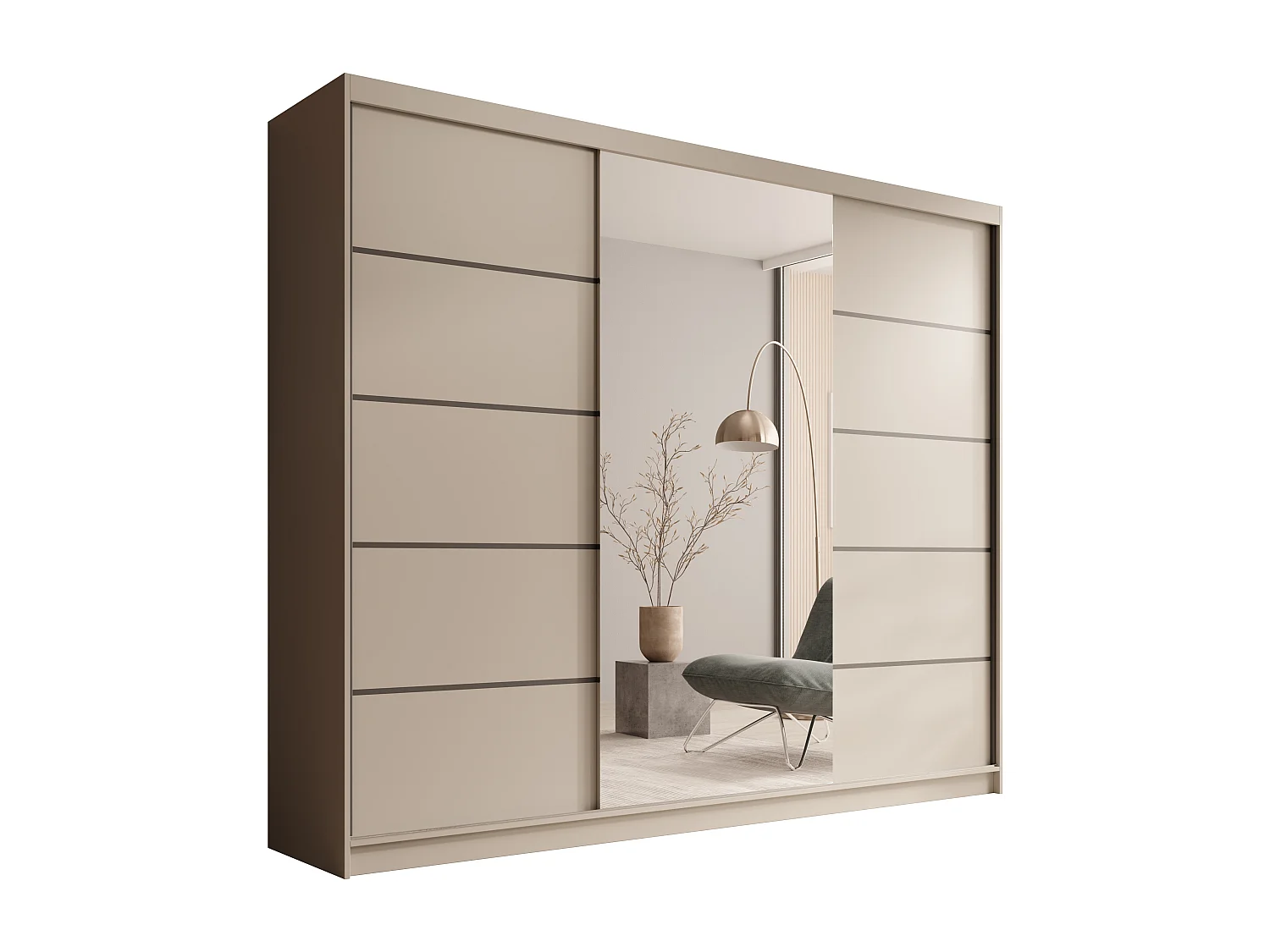 Armoire coulissante 3 portes TENA 250 avec miroir– Design moderne et grande capacité de rangement-Beige