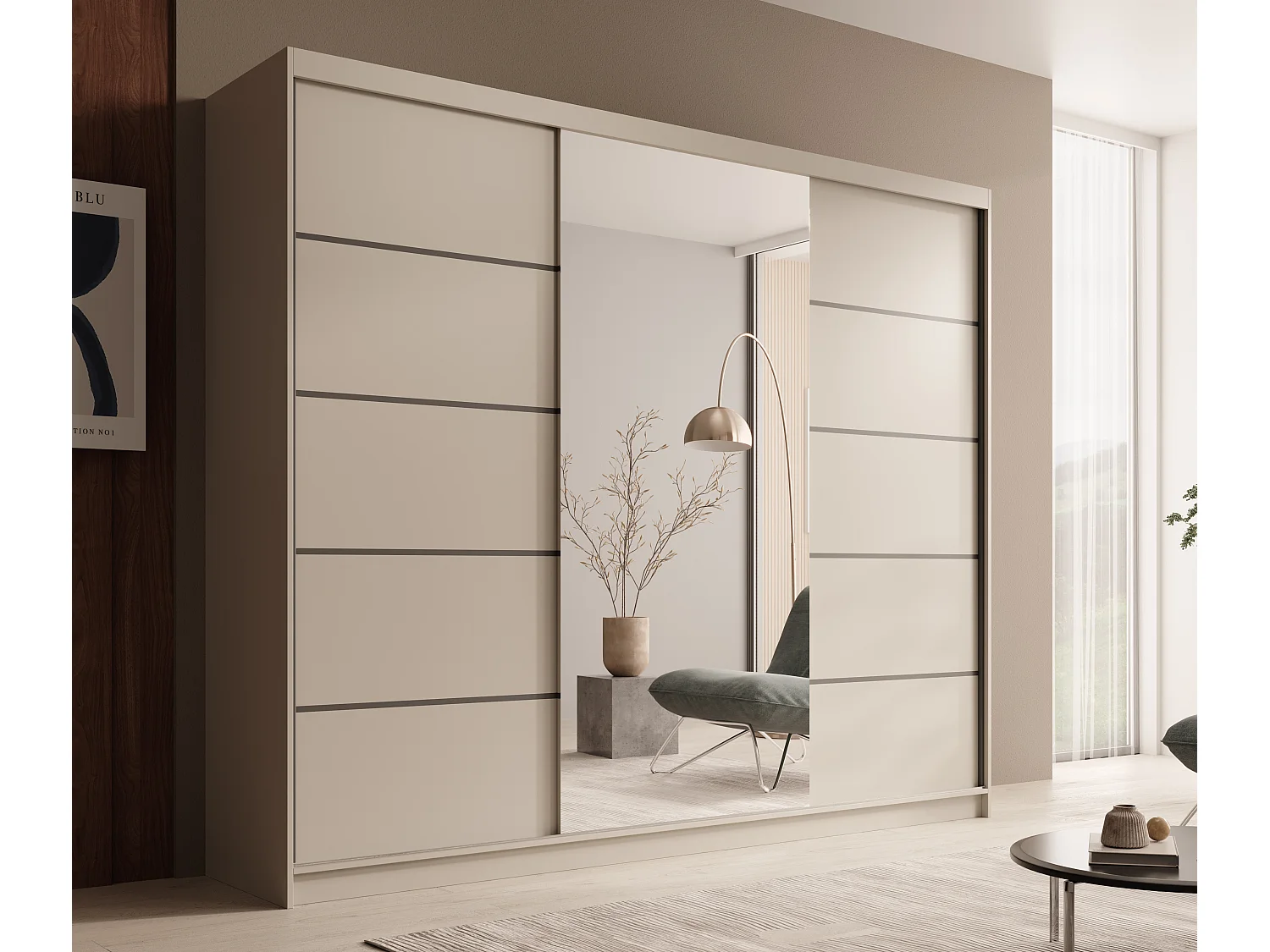 Armoire coulissante 3 portes TENA 250 avec miroir– Design moderne et grande capacité de rangement-Beige