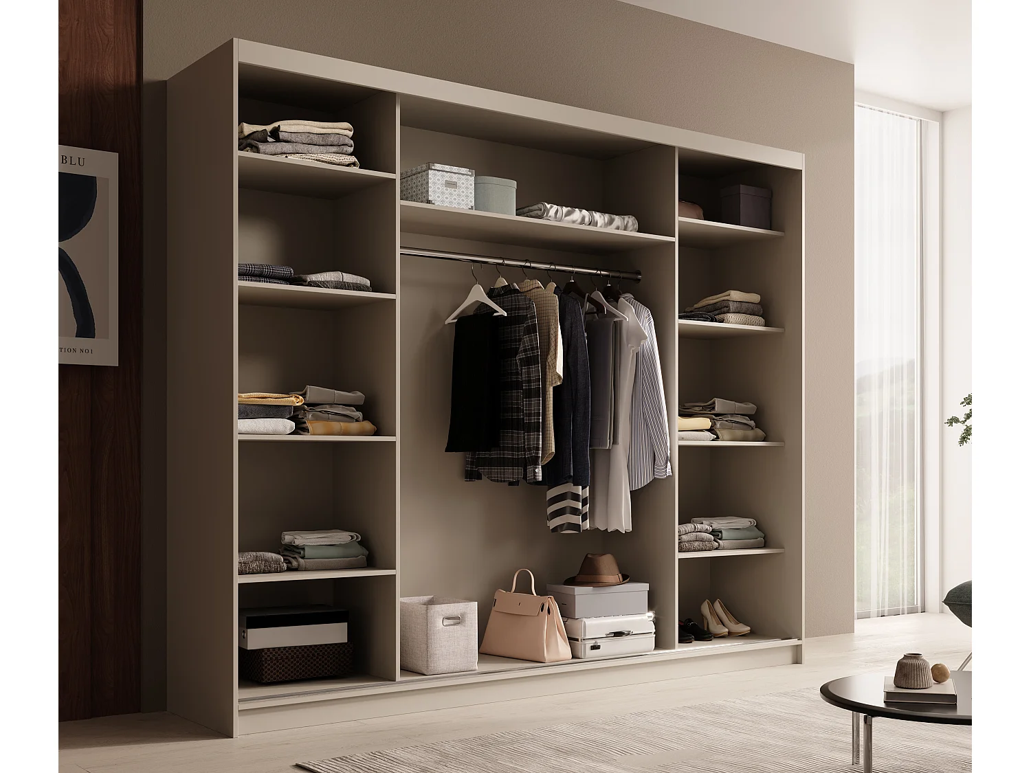 Armoire coulissante 3 portes TENA 250 avec miroir– Design moderne et grande capacité de rangement-Beige