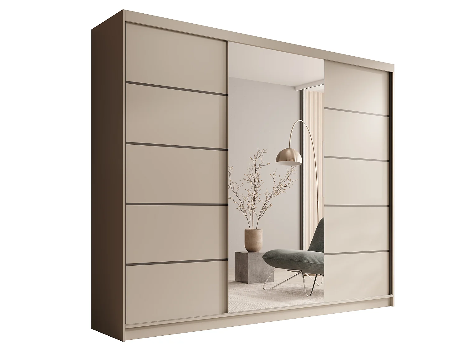 Armoire coulissante 3 portes TENA 250 avec miroir– Design moderne et grande capacité de rangement-Beige
