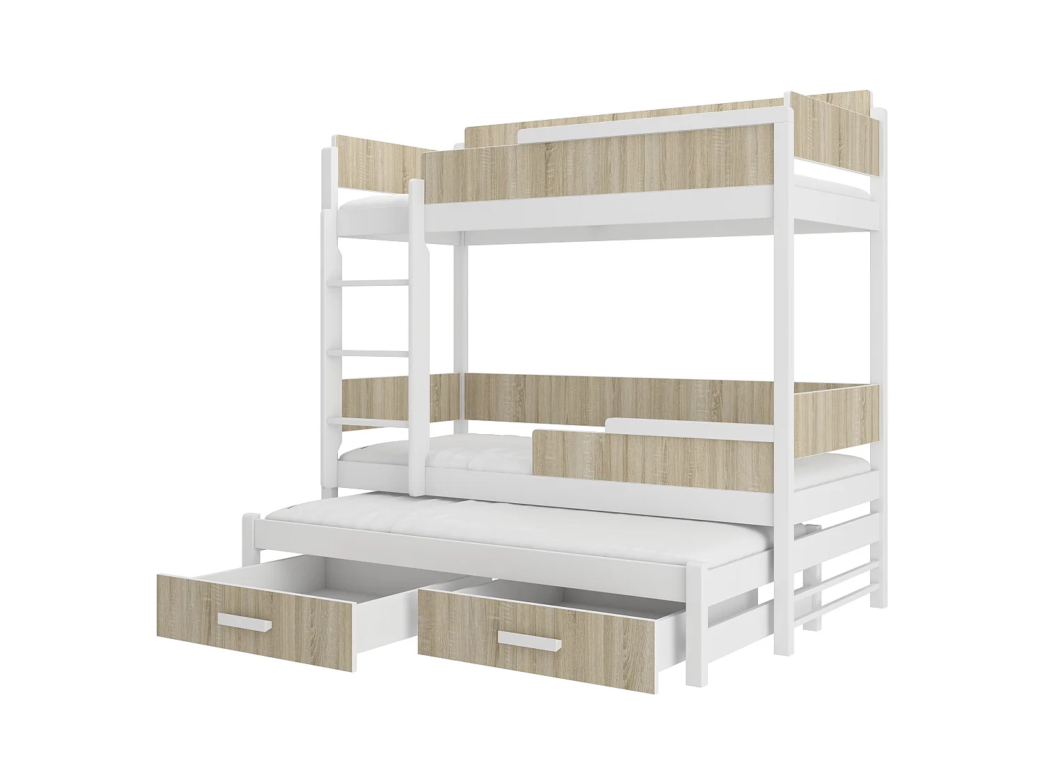 Lit superposé 3 places 90x200 KINZEY - 2 tiroirs de rangement et 3 sommiers-Beige