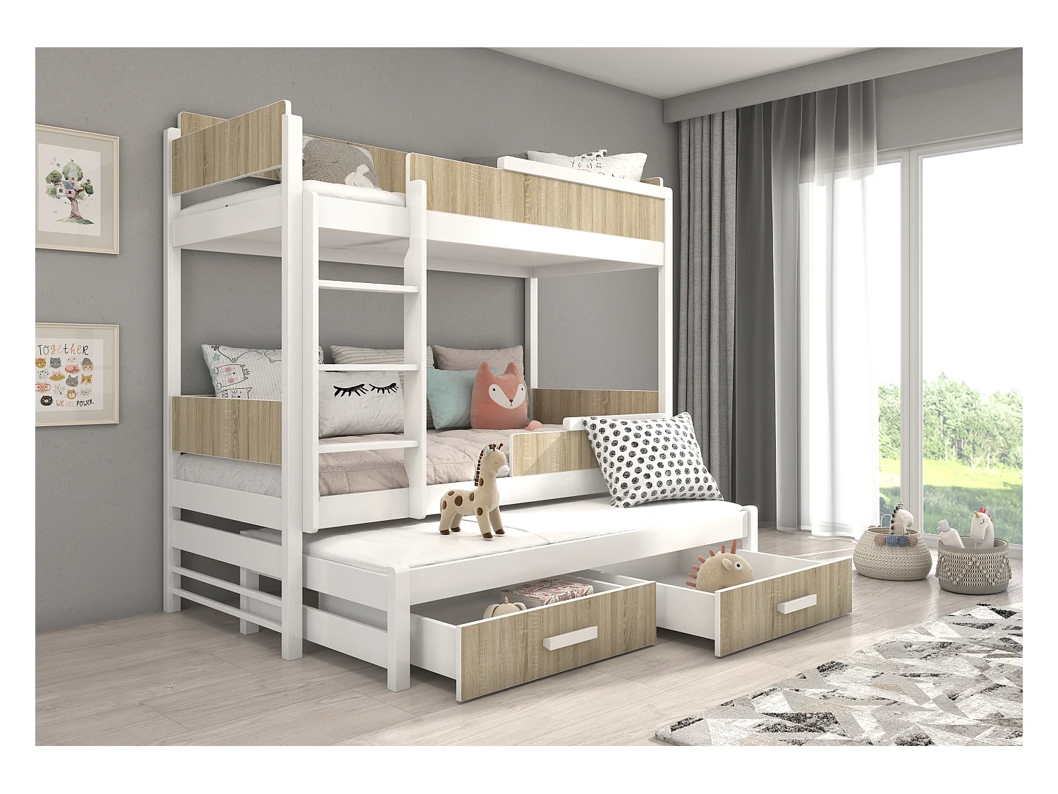 Lit superposé 3 places 90x200 KINZEY - 2 tiroirs de rangement et 3 sommiers-Beige