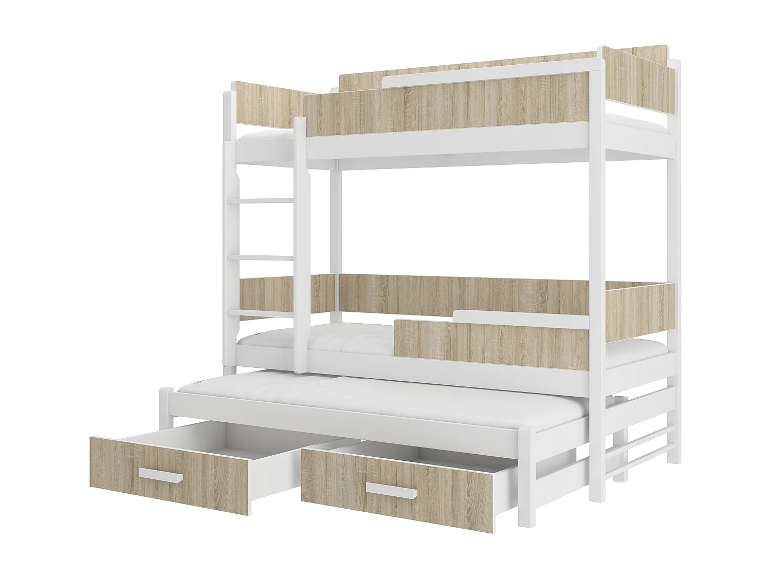 Lit superposé 3 places 90x200 KINZEY - 2 tiroirs de rangement et 3 sommiers-Beige