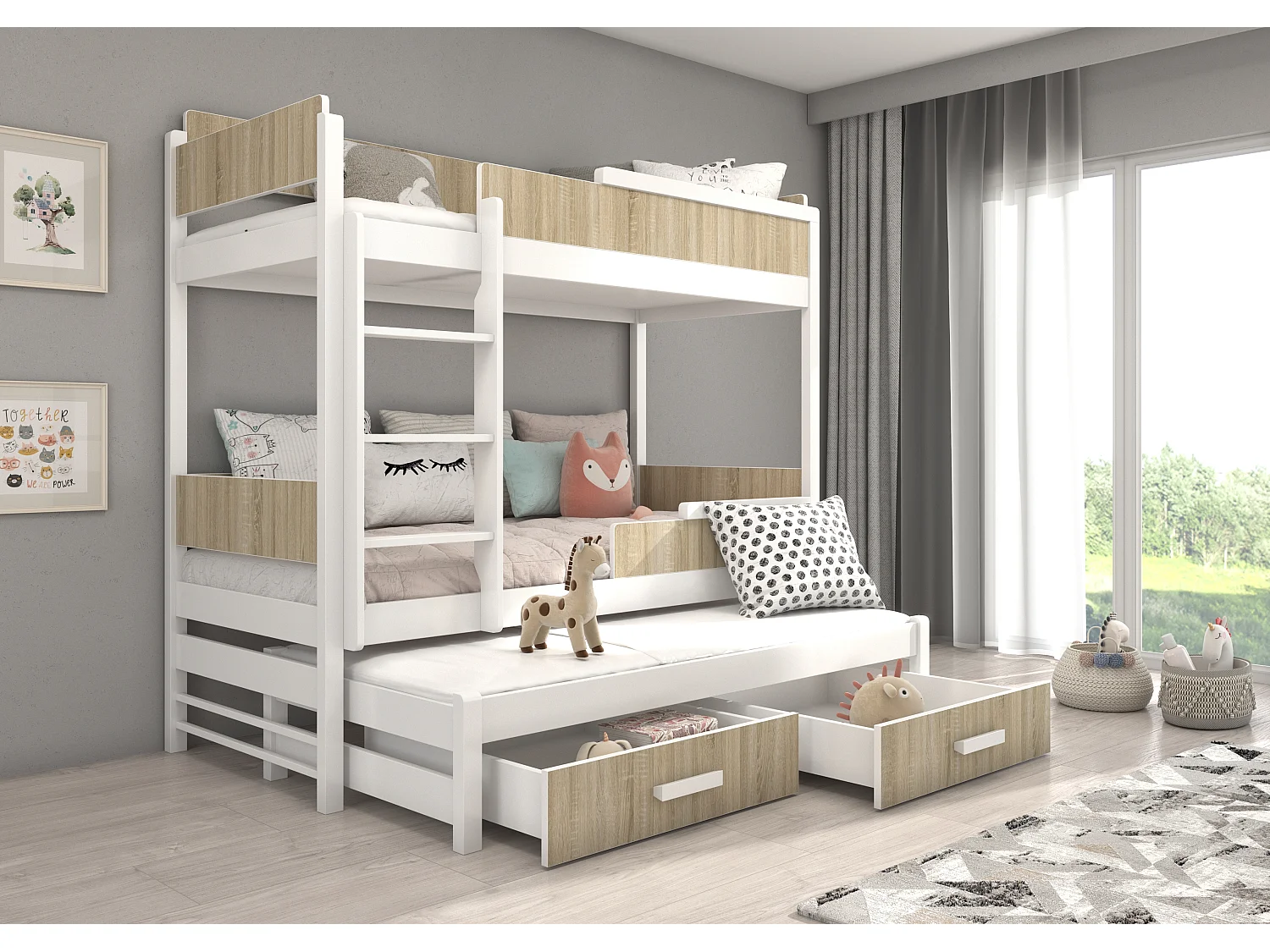 Lit superposé 3 places 90x200 KINZEY - 2 tiroirs de rangement et 3 sommiers-Beige