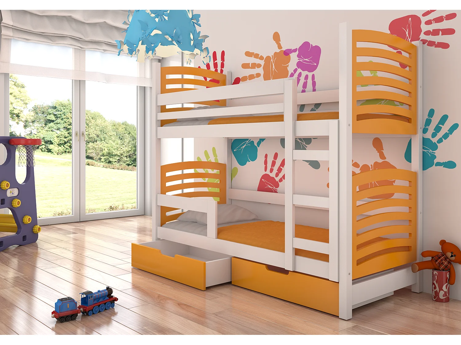 Lit superposé 2 places 80x190 OZURA – Avec matelas et tiroirs de rangement-Orange