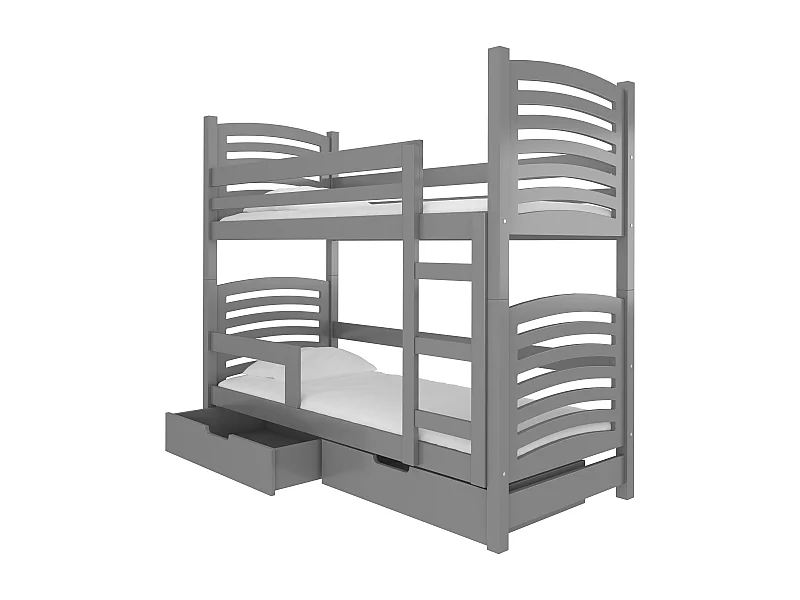 Lit superposé 2 places 80x190 OZURA – Avec matelas et tiroirs de rangement-Gris