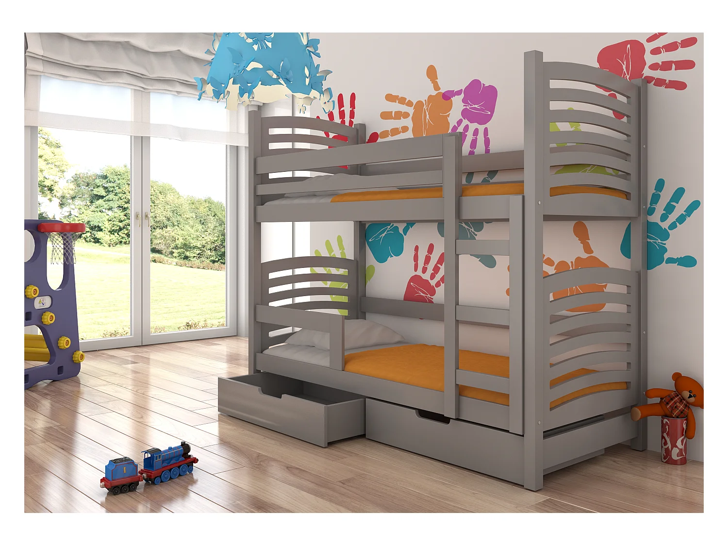 Lit superposé 2 places 80x190 OZURA – Avec matelas et tiroirs de rangement-Gris