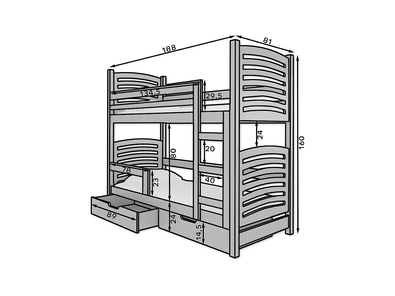 Lit superposé 2 places 80x190 OZURA – Avec matelas et tiroirs de rangement-Gris
