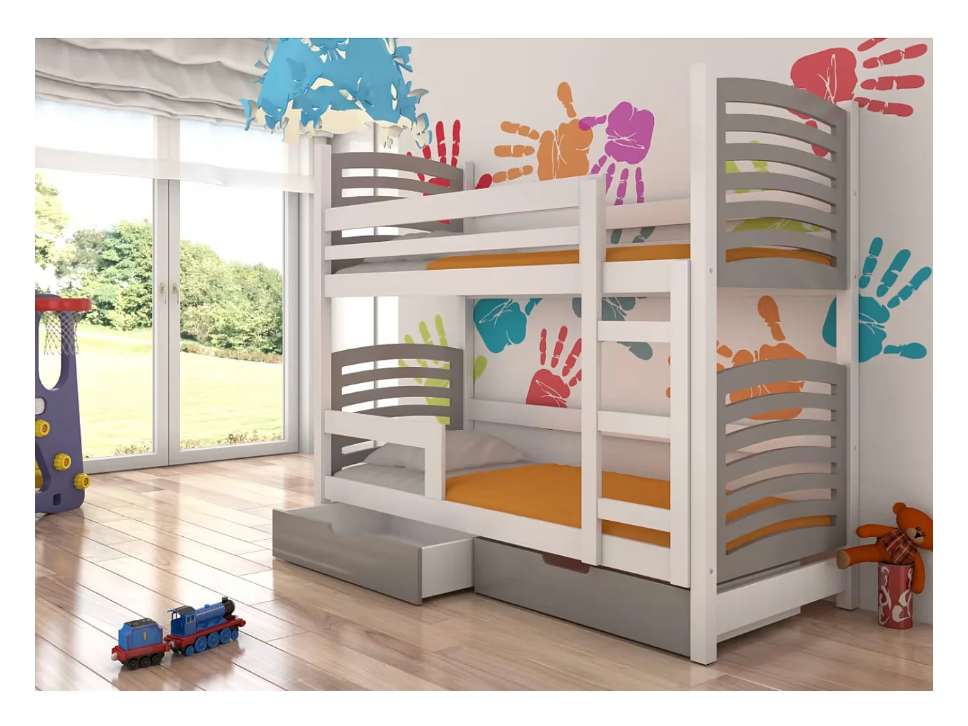 Lit superposé 2 places 80x190 OZURA – Avec matelas et tiroirs de rangement-Gris