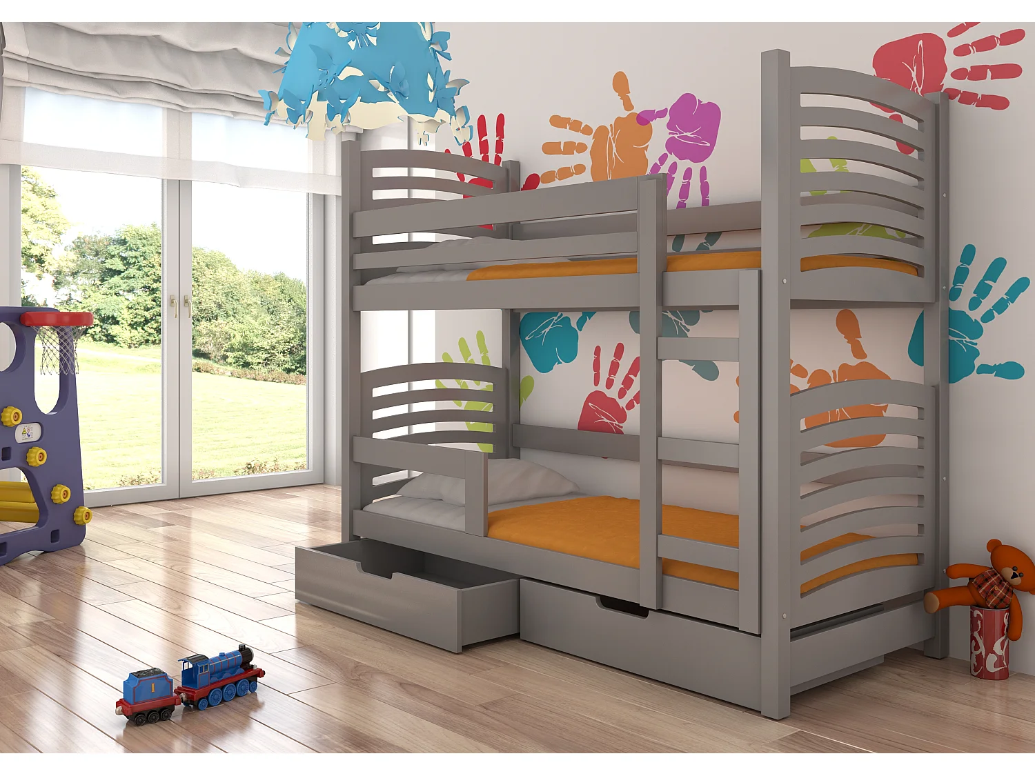 Lit superposé 2 places 80x190 OZURA – Avec matelas et tiroirs de rangement-Gris