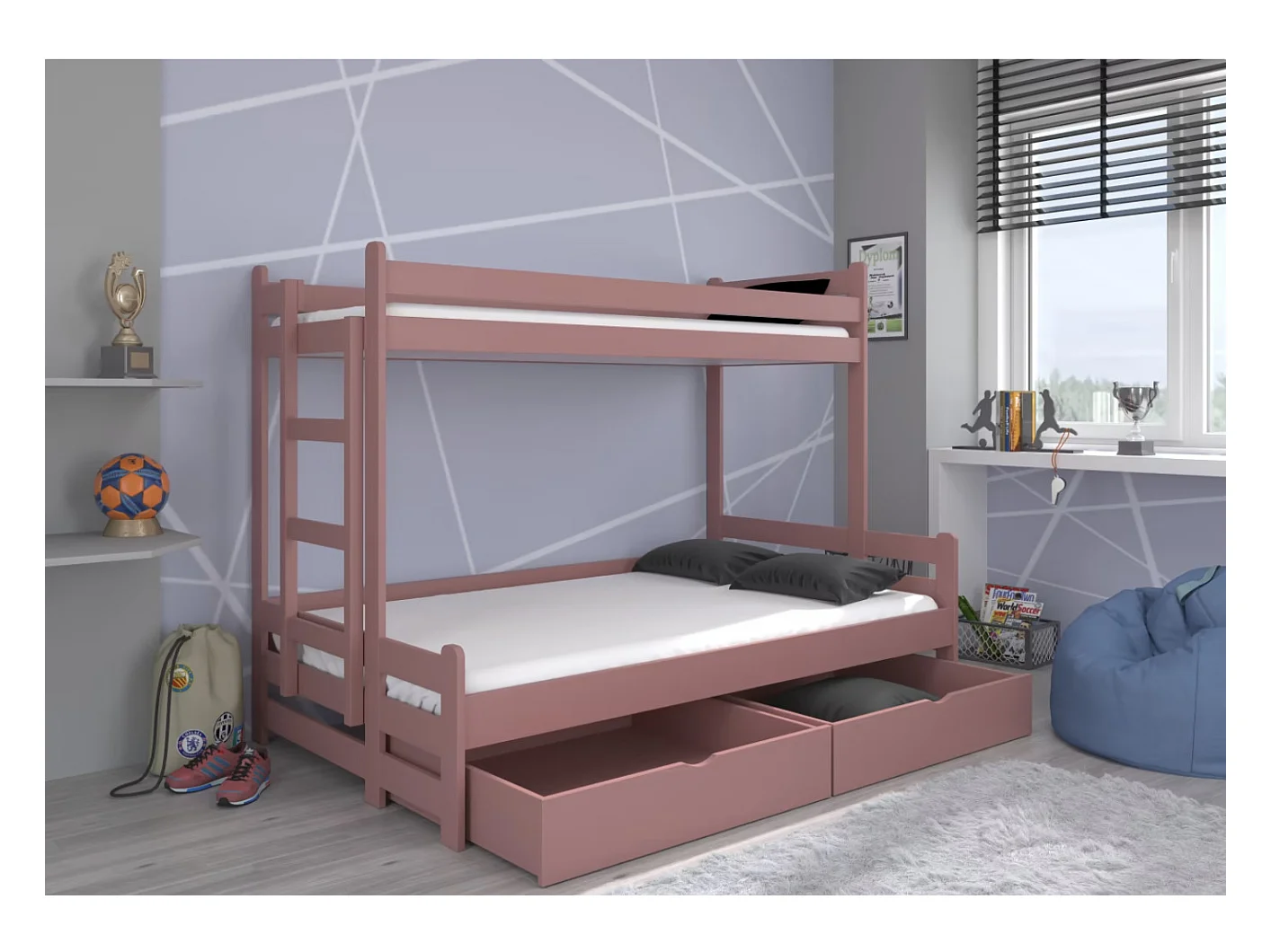 Lit superposé 2 couchages ADOVA 80-90x200 et 120x200 - Avec 2 tiroirs et 2 sommiers-Rose-90x200 et 120x200