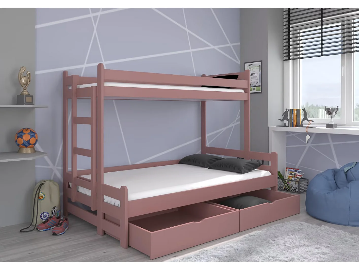 Lit superposé 2 couchages ADOVA 80-90x200 et 120x200 - Avec 2 tiroirs et 2 sommiers-Rose-90x200 et 120x200