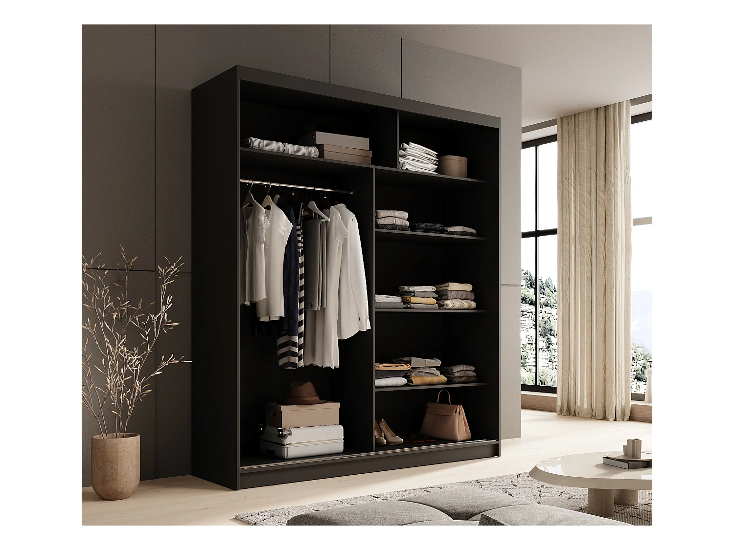 KAROW 180 2-deurs schuifdeurkast met spiegel – Moderne opbergkast-Kleur Zwart