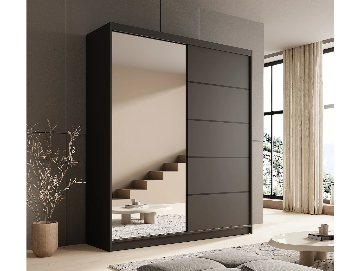 Armoire coulissante 2 portes KAROW 180 avec miroir – Meuble de rangement moderne-Noir