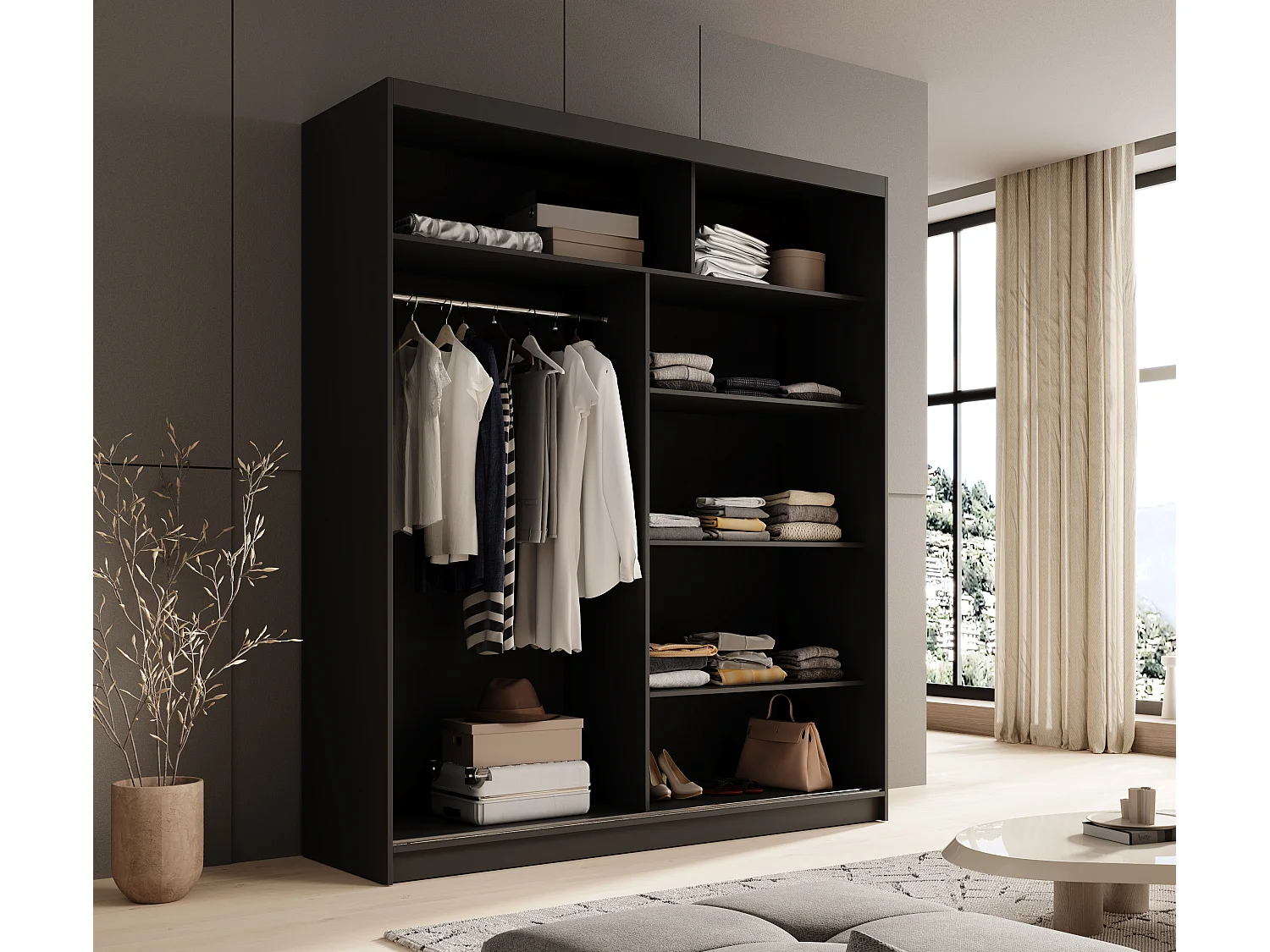 Armoire coulissante 2 portes KAROW 180 avec miroir – Meuble de rangement moderne-Noir