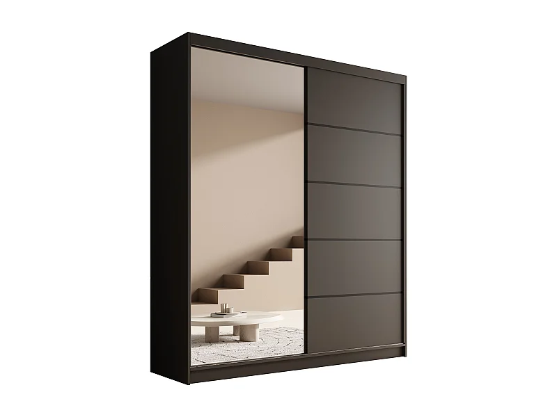Armario corredero de 2 puertas con espejo KAROW 180 – Mueble de almacenaje moderno-Color Negro