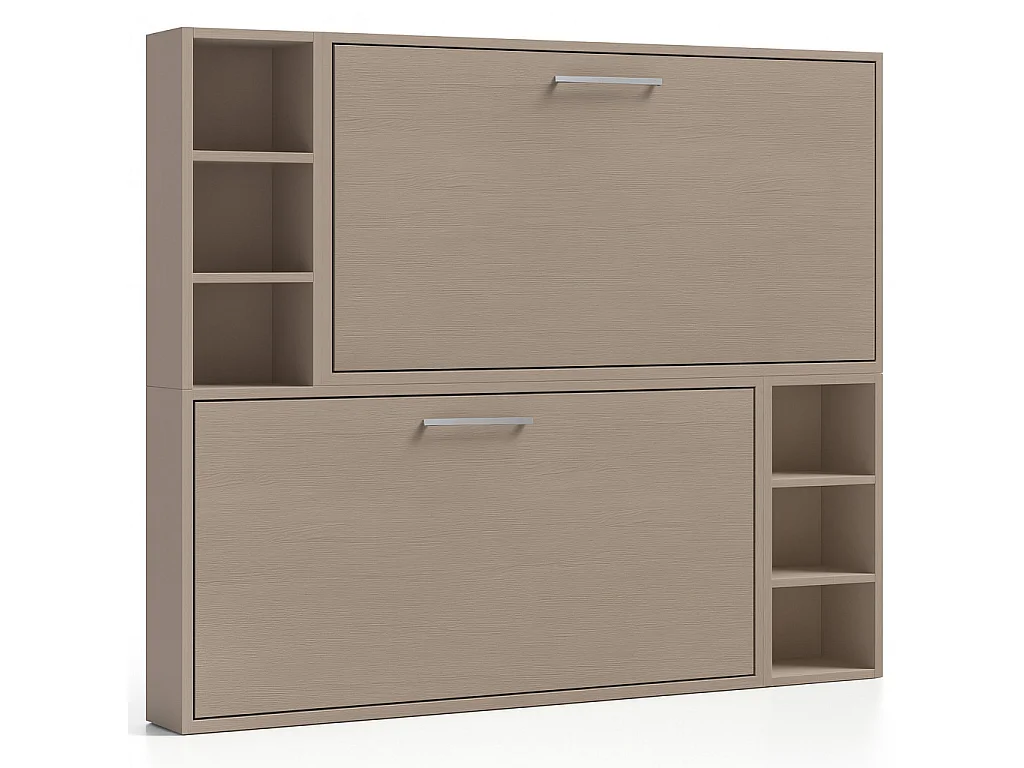 Lit escamotable superposé horizontal avec étagères BINKA-2 matelas-80x190-Cadre Taupe-Façade Taupe