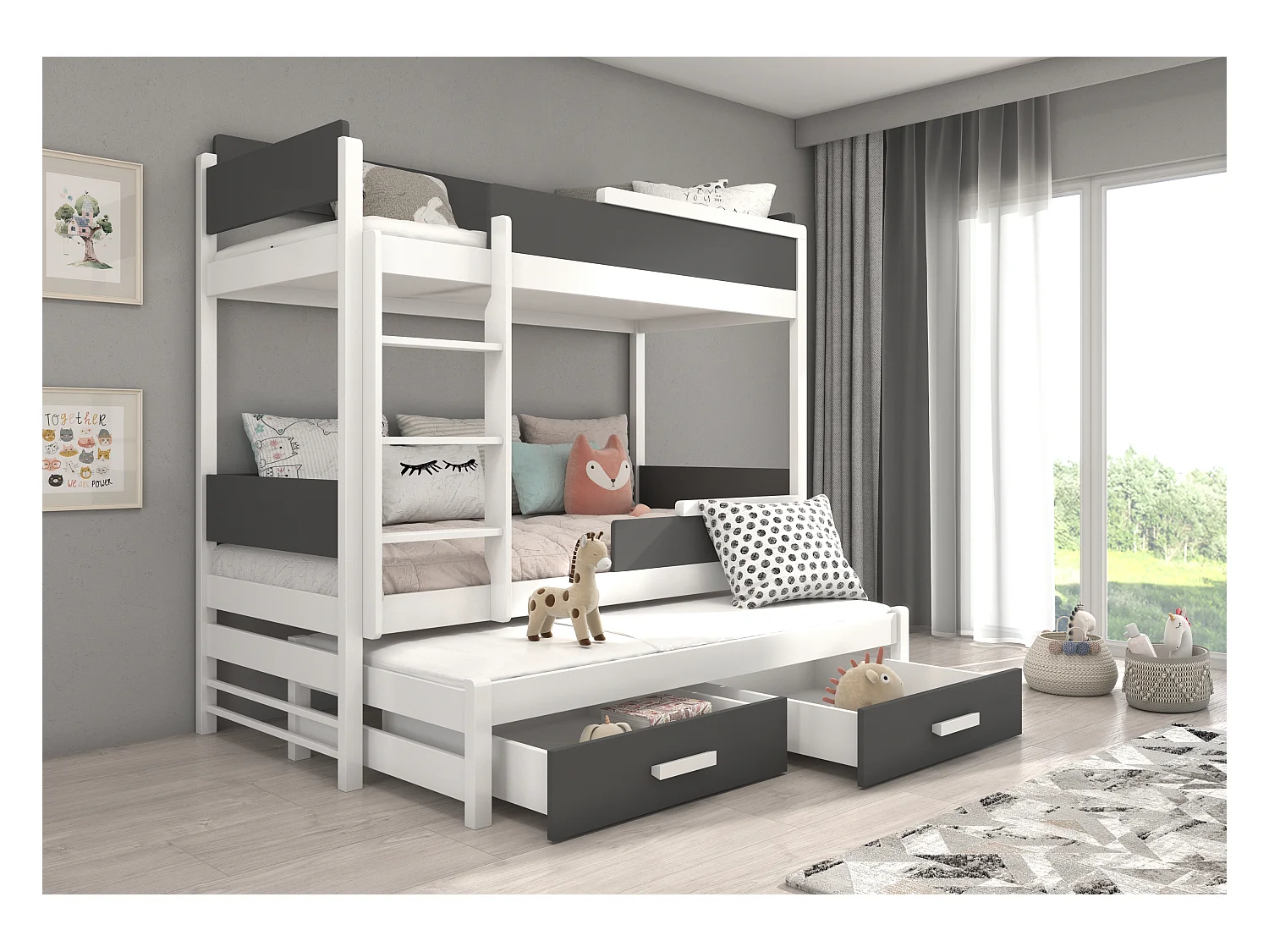 Lit superposé 3 places 90x200 KINZEY - 2 tiroirs de rangement et 3 sommiers-Gris anthracite