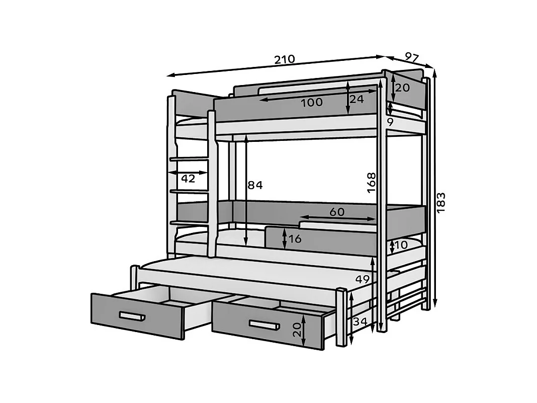 Lit superposé 3 places 90x200 KINZEY - 2 tiroirs de rangement et 3 sommiers-Gris anthracite