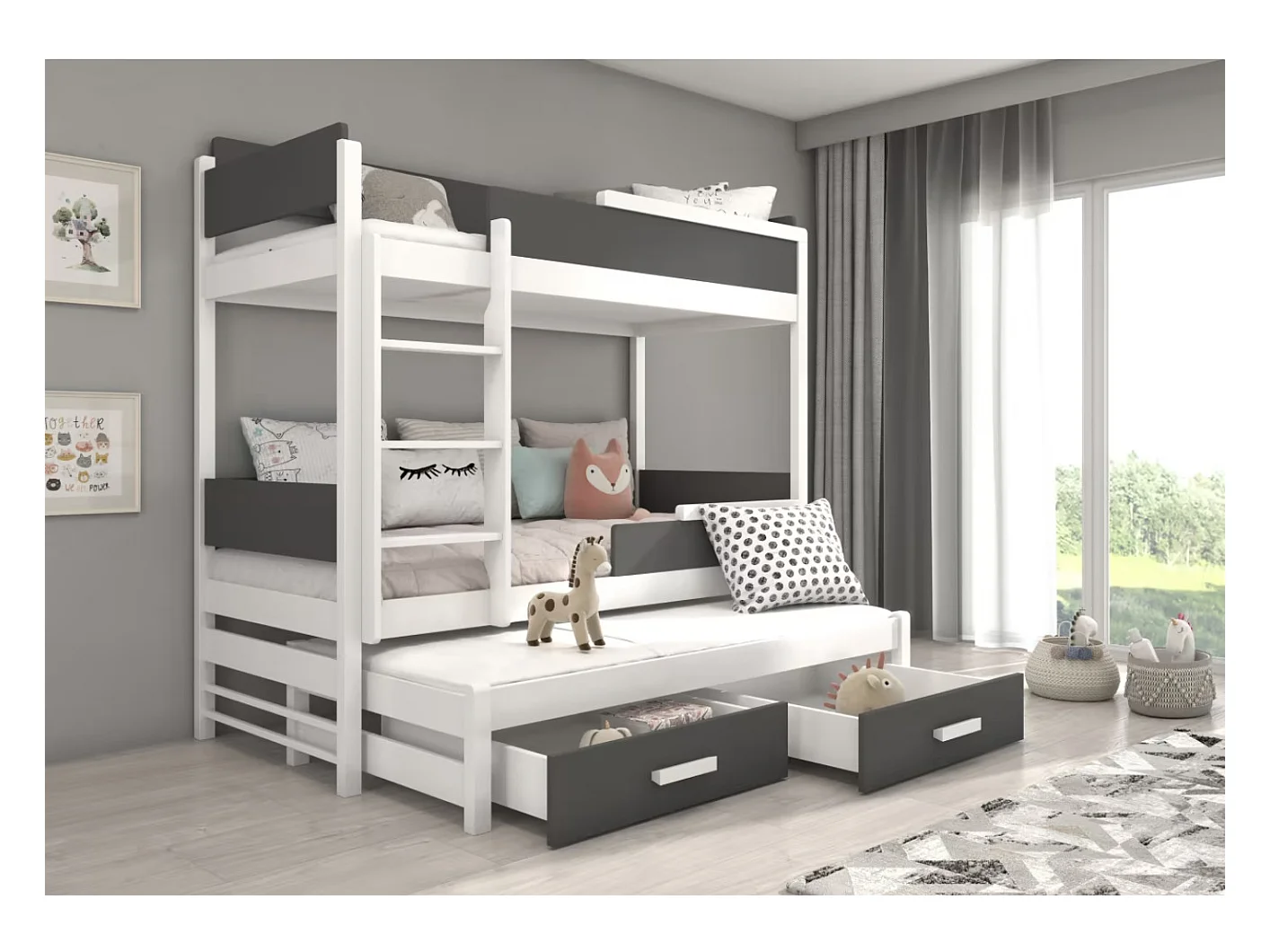 Lit superposé 3 places 90x200 KINZEY - 2 tiroirs de rangement et 3 sommiers-Gris anthracite