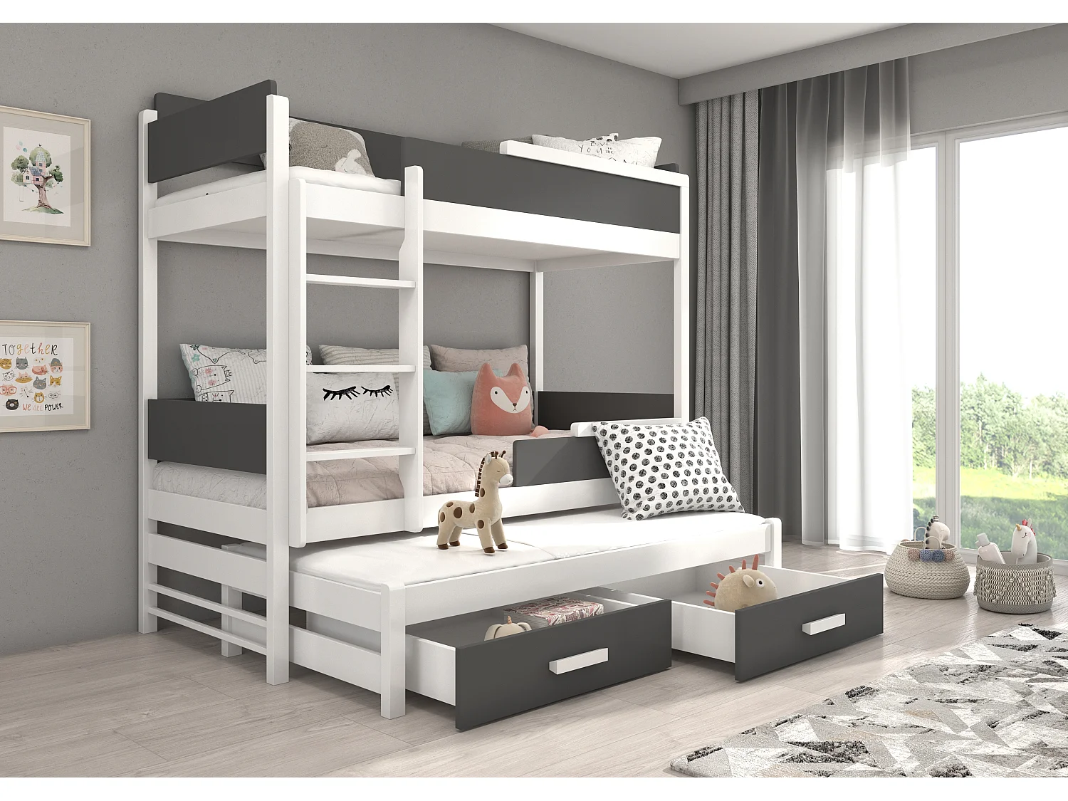 Lit superposé 3 places 90x200 KINZEY - 2 tiroirs de rangement et 3 sommiers-Gris anthracite