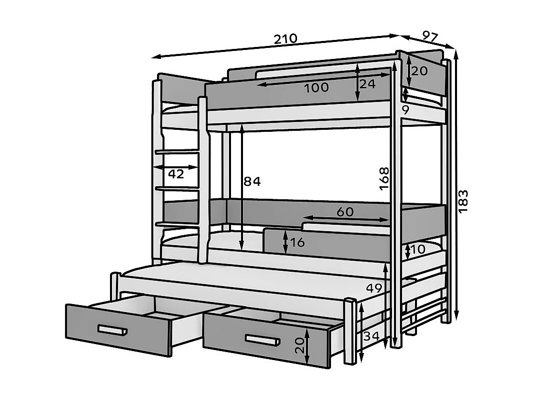 Lit superposé 3 places 90x200 KINZEY - 2 tiroirs de rangement et 3 sommiers-Gris anthracite