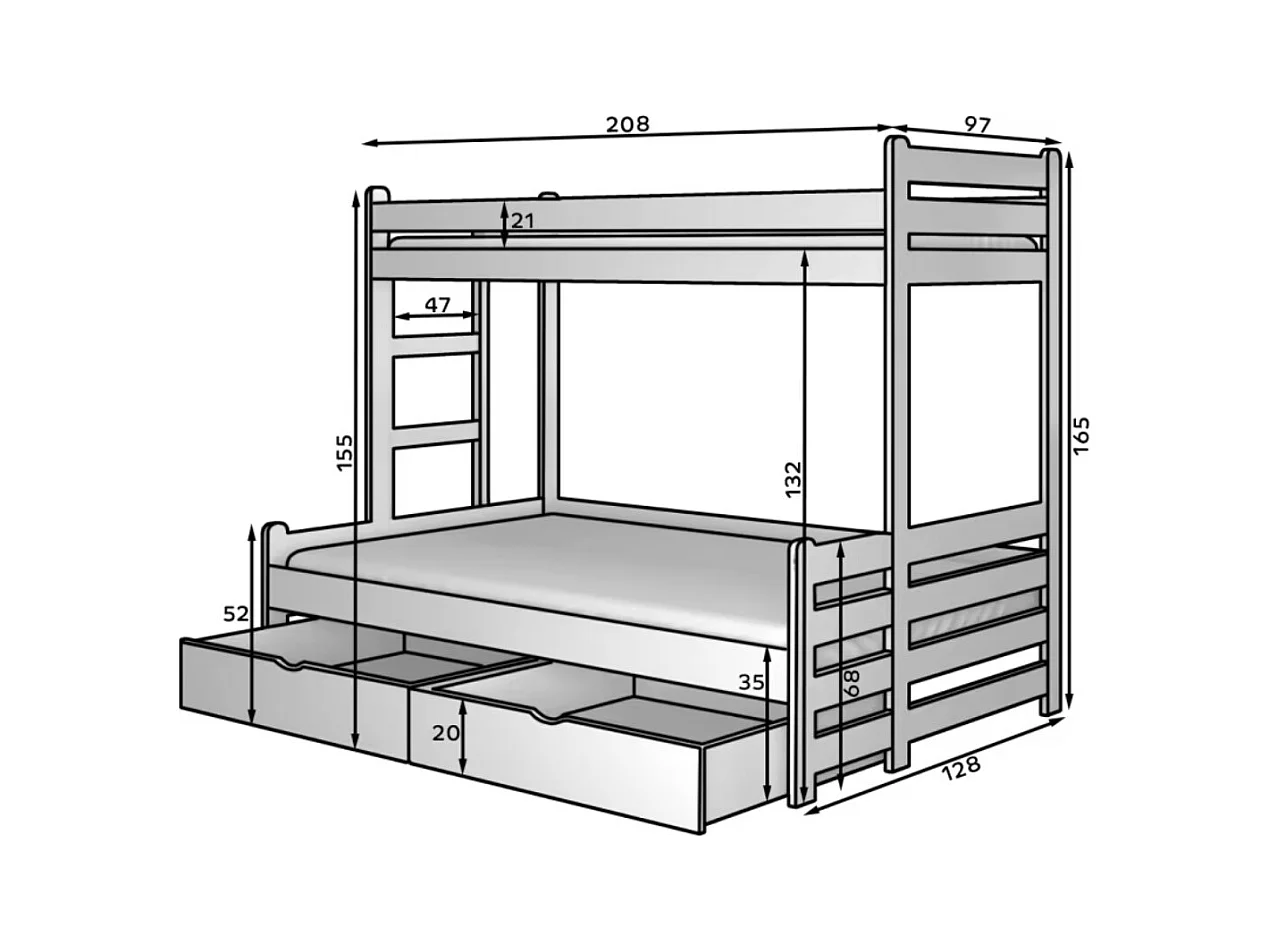Lit superposé 2 couchages ADOVA 80-90x200 et 120x200 - Avec 2 tiroirs et 2 sommiers-Marron clair-90x200 et 120x200
