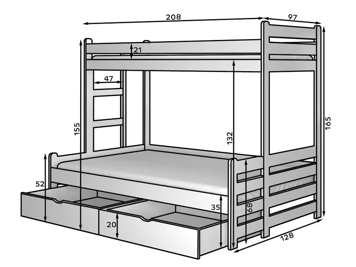 Lit superposé 2 couchages ADOVA 80-90x200 et 120x200 - Avec 2 tiroirs et 2 sommiers-Marron clair-90x200 et 120x200