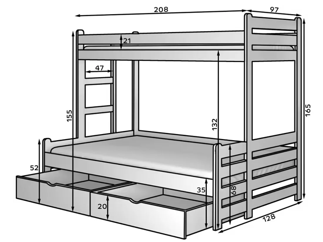 Lit superposé 2 couchages ADOVA 80-90x200 et 120x200 - Avec 2 tiroirs et 2 sommiers-Marron clair-90x200 et 120x200