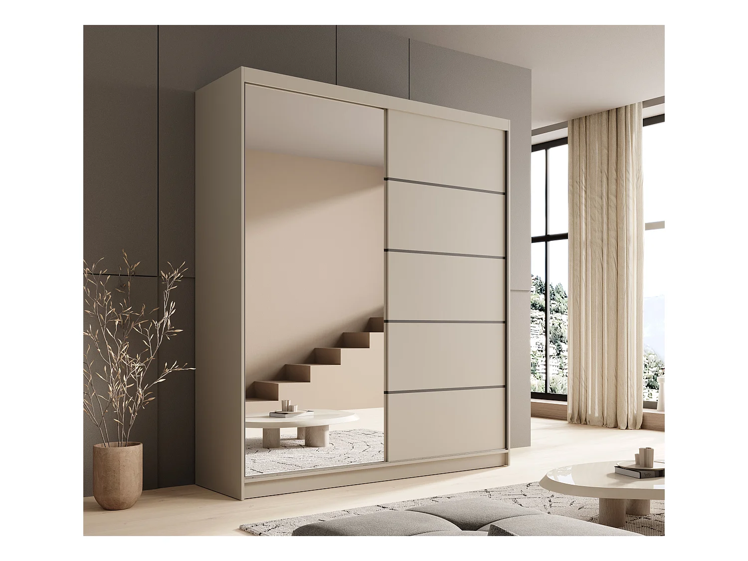 Armario corredero de 2 puertas con espejo KAROW 180 – Mueble de almacenaje moderno-Color ribete verde crudo