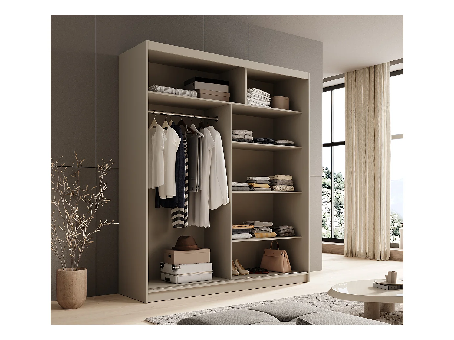 Armario corredero de 2 puertas con espejo KAROW 180 – Mueble de almacenaje moderno-Color ribete verde crudo