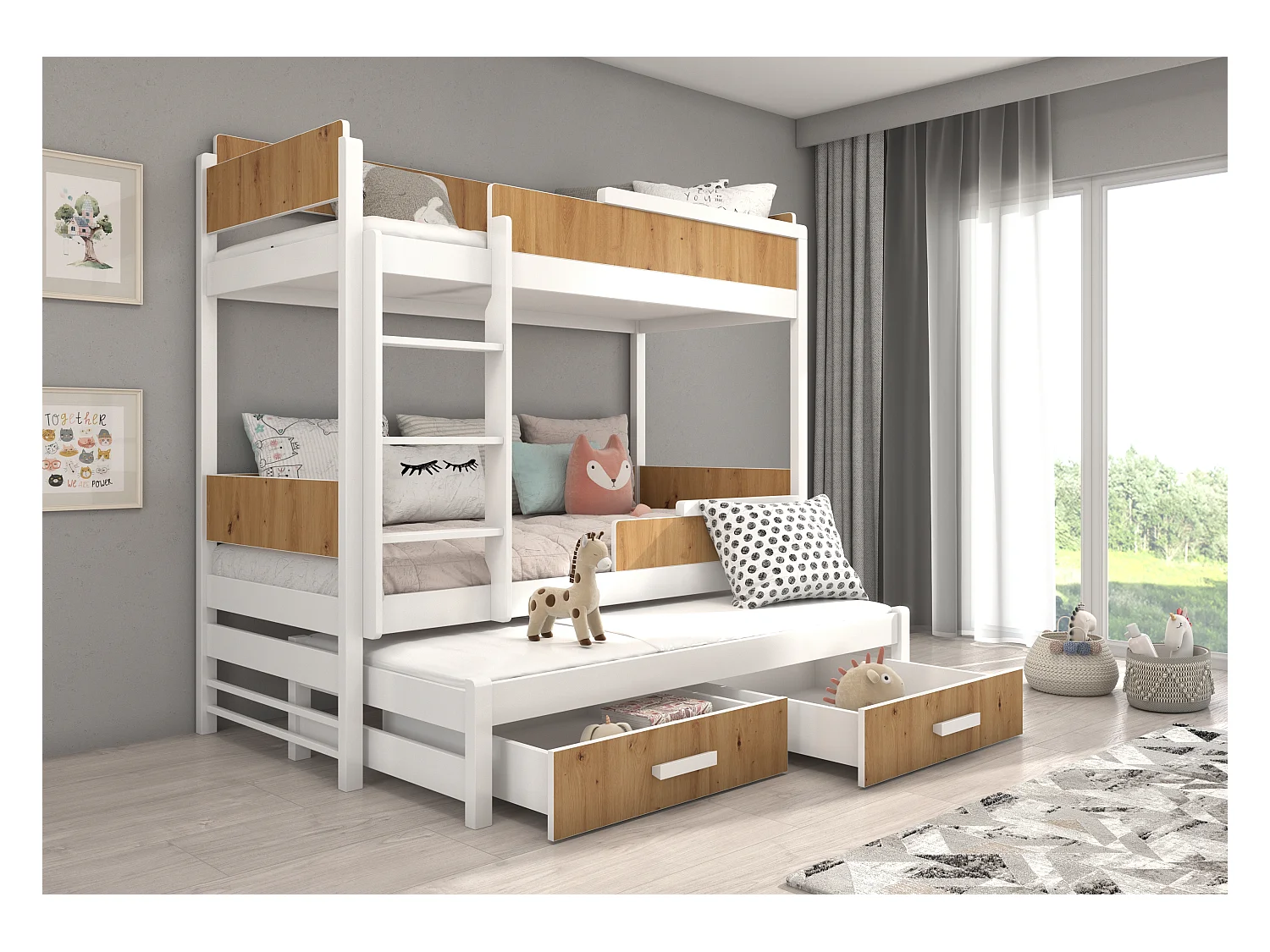 Lit superposé 3 places 90x200 KINZEY - 2 tiroirs de rangement et 3 sommiers-Marron clair