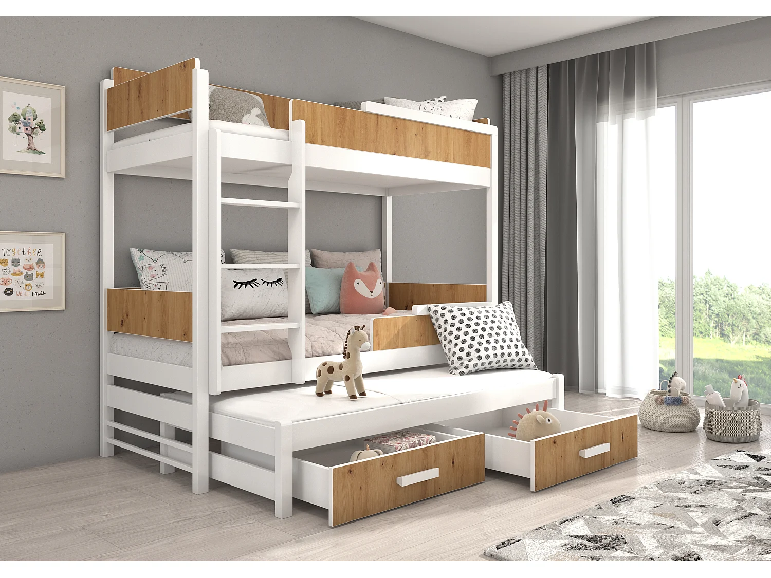 Lit superposé 3 places 90x200 KINZEY - 2 tiroirs de rangement et 3 sommiers-Marron clair