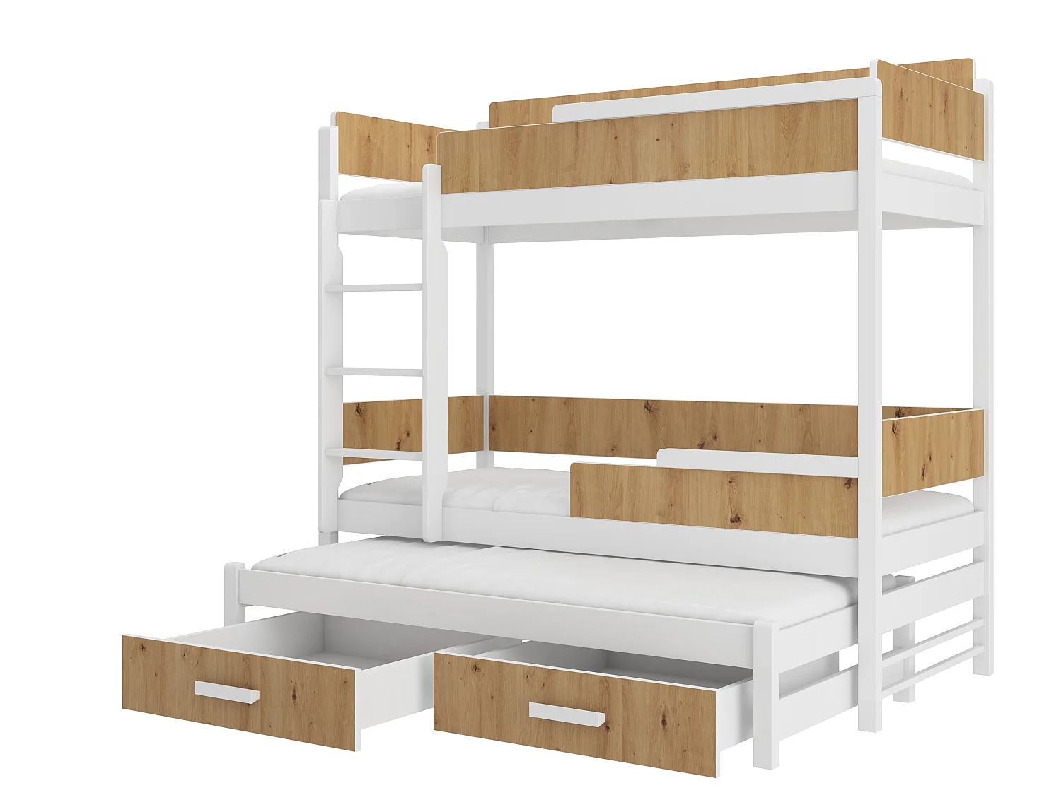 Lit superposé 3 places 90x200 KINZEY - 2 tiroirs de rangement et 3 sommiers-Marron clair
