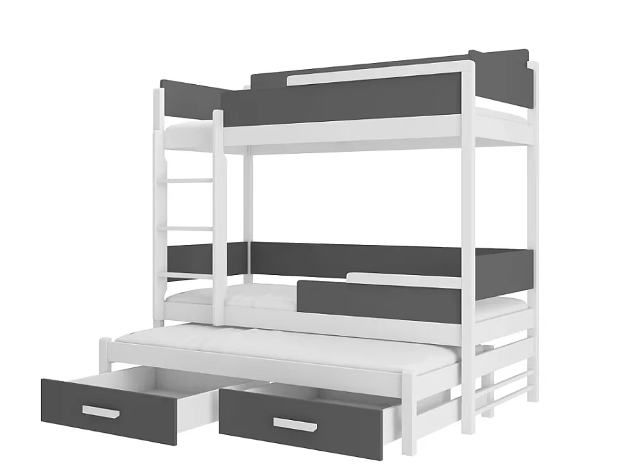 Lit superposé 3 places 90x200 KINZEY - 2 tiroirs de rangement et 3 sommiers-Marron clair
